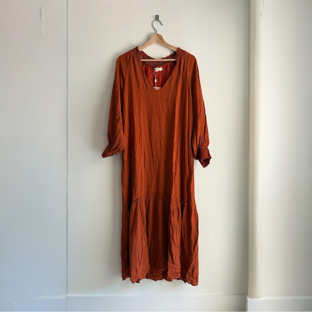 Casual Brown and Orange Tiered Sundress with Bishop Sleeves